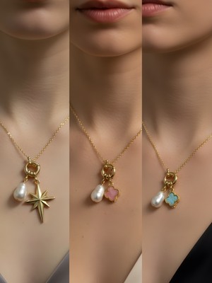 NKT Collection Turkuaz Yonca Pembe Yonca Kalpli Zarf Incili Kolye