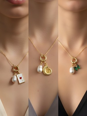 NKT Collection Zümrüt Yeşili Kelebek Deniz Kabuğu Beyaz Yonca Incili Kolye