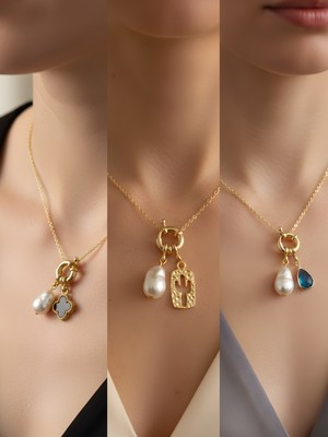 NKT Collection Turkuaz Damla Kaktüs Siyah Yonca Incili Kolye