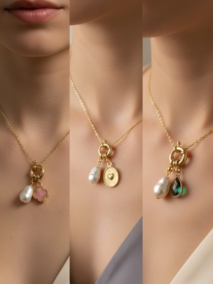 NKT Collection Zümrüt Yeşili Damla Kabartma Kalp Pembe Yonca Incili Kolye