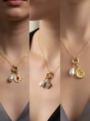 NKT Collection Deniz Kabuğu Siyah Yonca Turkuaz Kalp Incili Kolye