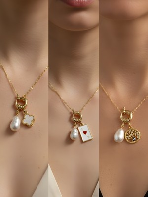 NKT Collection Hayat Ağacı Kupa As Beyaz Yonca Incili Kolye