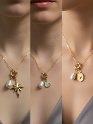 NKT Collection Kabartma Kalp Kutup Yıldızı Kupa As Incili Kolye