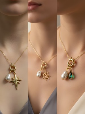 NKT Collection Zümrüt Yeşili Damla Güneş Kutup Yıldızı Incili Kolye