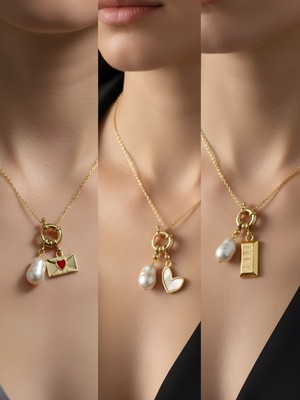 NKT Collection Beyaz Kalp Külçe Altın Kalpli Zarf Incili Kolye