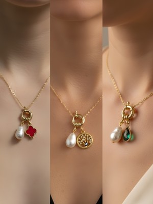 NKT Collection Zümrüt Yeşili Damla Hayat Ağacı Kırmızı Yonca Incili Kolye