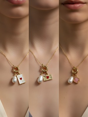 NKT Collection Pembe Yonca Kalpli Zarf Beyaz Yonca Incili Kolye