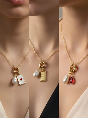 NKT Collection Kırmızı Damla Külçe Altın Kupa As Incili Kolye