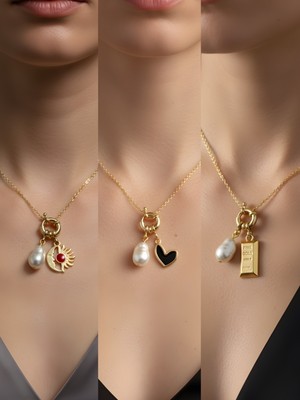 NKT Collection Siyah Kalp Külçe Altın Ay Güneş Incili Kolye