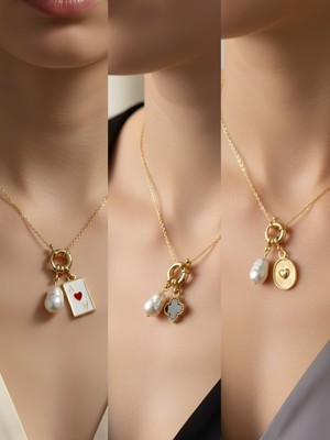 NKT Collection Kabartma Kalp Siyah Yonca Kupa As Incili Kolye