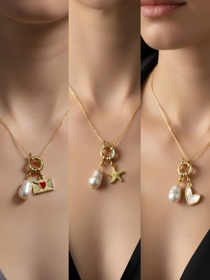 NKT Collection Beyaz Kalp Deniz Yıldızı Kalpli Zarf Incili Kolye