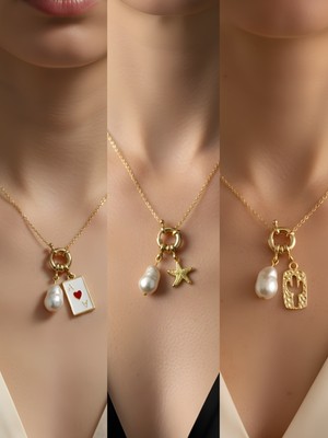 NKT Collection Kaktüs Deniz Yıldızı Beyaz Yonca Incili Kolye