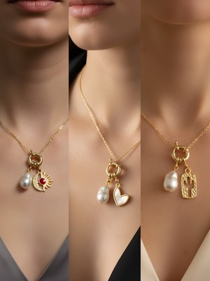 NKT Collection Beyaz Kalp Kaktüs Ay Güneş Incili Kolye