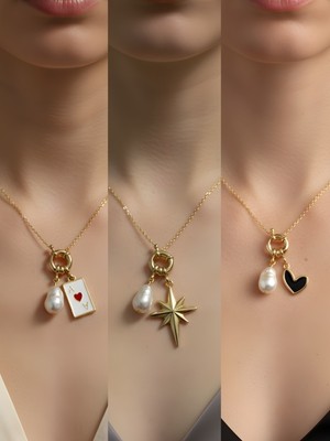 NKT Collection Siyah Kalp Kutup Yıldızı Kupa As Incili Kolye