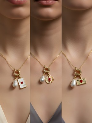 NKT Collection Kalpli Zarf Ay Güneş Beyaz Yonca Incili Kolye