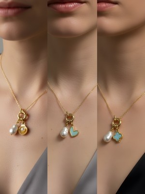 NKT Collection Turkuaz Yonca Midye Kupa As Incili Kolye