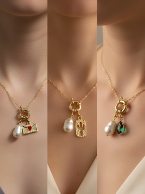 NKT Collection Zümrüt Yeşili Damla Kaktüs Kalpli Zarf Incili Kolye