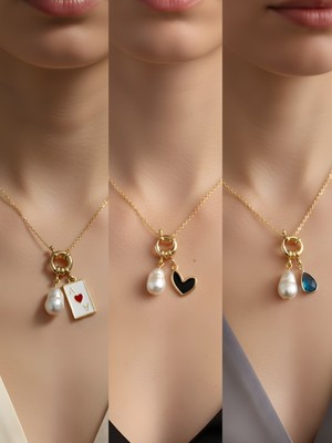 NKT Collection Turkuaz Damla Siyah Kalp Kupa As Incili Kolye