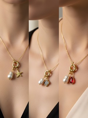 NKT Collection Kırmızı Damla Siyah Yonca Deniz Yıldızı Incili Kolye