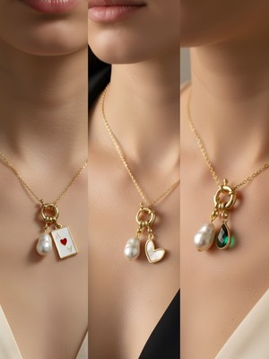 NKT Collection Zümrüt Yeşili Damla Beyaz Kalp Kupa As Incili Kolye