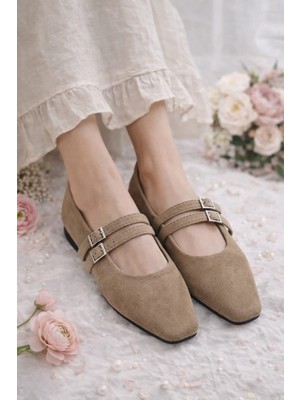 Slipcat Kadın Üstten Kemerli Çift Tokalı Çift Bantlı Tokalı Süet Babet Süet