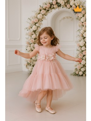 Minimony 2-6 Yaş Büzgü Tül Detaylı Taş Işleme Çiçekli Kız Çocuk Abiye Elbise Bayramlık Gelinlik Pudra 6505