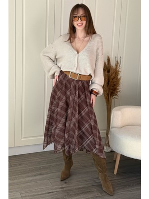 Dilay Gökoğlu Butik Ekose Asimetrik Şifon Zarif Midi Kahverengi Etek