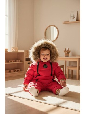 Astronot Tulum Çift Fermuarlı Kürk Kapüşonlu Kırmızı Tulum