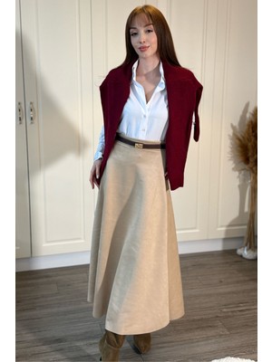Dilay Gökoğlu Butik Süet Şık Maxi Ekru Etek