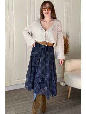 Dilay Gökoğlu Butik Ekose Asimetrik Şifon Zarif Midi Lacivert Etek