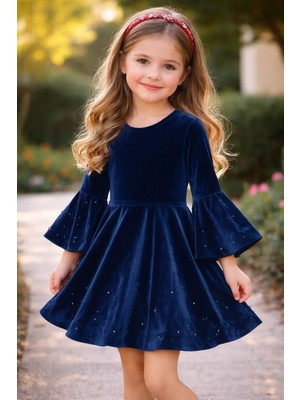 Ugly Duck 04-12 Yaş Incili Kadife Elbise - Lacivert