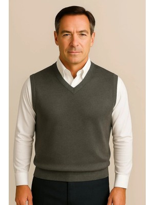 BURSPA Kışlık V Yaka Düz Ince Yün Füme Baba Süveter