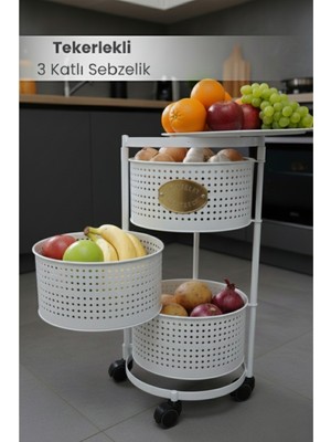 Orvila 3 Katlı Tekerlekli Tepsili Metal Sebzelik Açılır Patates Soğan Meyvelik Sepeti Raf