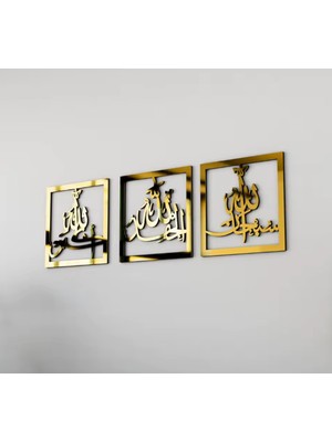 As Tasarım Lazer İslam002 Model Duvar Dekorasyon Süs Gold Renk 20*20 cm 3 Parça
