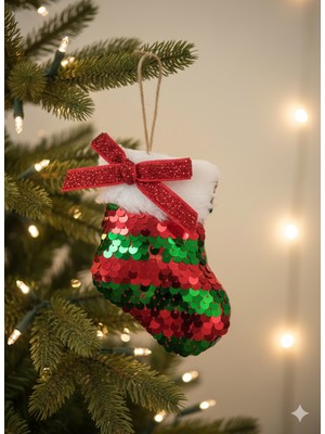Dodomar 9 x 10 cm – Yılbaşı Ağaç Süsü Pullu Payetli Çorap Askılı Dekoratif Süs