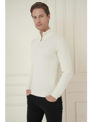 Efor Slim Fit Dokuma Desenli Fermuarlı Yarım Balıkçı Yünlü Ekru Triko Kazak TR 893