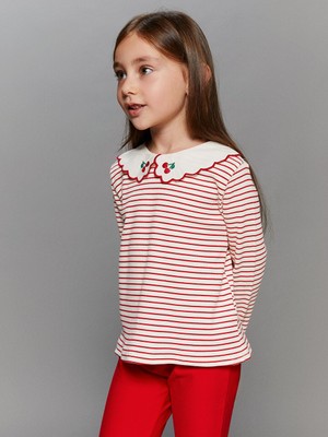 LC Waikiki Kırmızı Bebe Yaka Uzun Kollu Çizgili Kız Çocuk Tişört