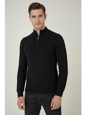 Efor Slim Fit Dokuma Desenli Fermuarlı Yarım Balıkçı Yünlü Siyah Triko Kazak TR 893