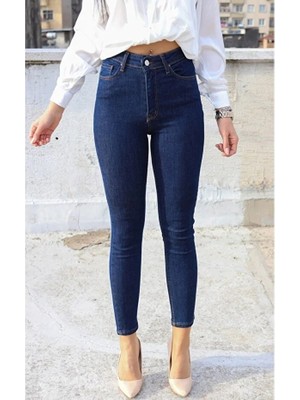 ArVib Kadın Mavi Yüksel Bel Bilek Boy Dar Paça Skinny Pamuklu Likralı Kot Pantalon