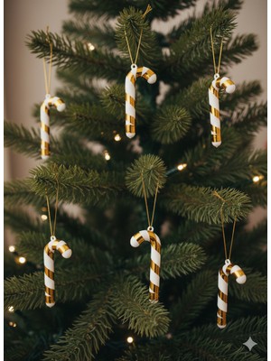 Dodomar 7 cm – Yılbaşı Ağaç Süsü Baston Şeker Altın 6 Parça Askılı Çam Ağacı Süsü Seti