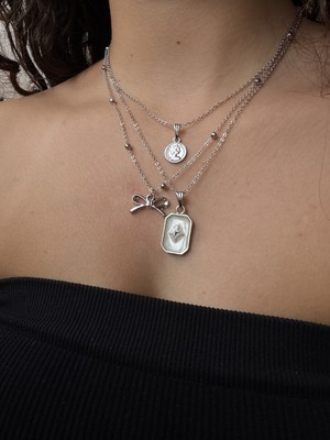 M Miel Kutup Yıldızı Fiyonk Silver Kombin Kolye 3lü