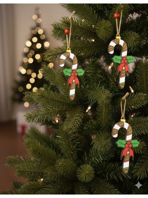 Dodomar Yılbaşı Mdf Ahşap Baston Süs Boncuklu Jüt Ipli 3'lü Askılı Dekoratif Set