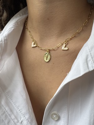 M Miel Kadın Gold Kalp ve Balık Detay Charm Kolye