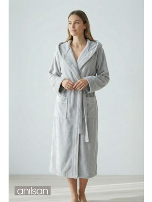 Anılsan Şalyaka Bornoz Kapüşonlu Gri %100 Pamuk Unisex Spa Için Ideal Kadın/Erkek