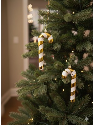 Dodomar 16 cm – Yılbaşı Ağaç Süsü Baston Şeker Altın Yıldızlı 2'li Askılı Dekoratif Set