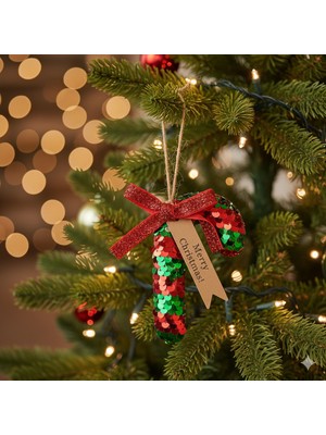 Dodomar 6 x 11 cm – Yılbaşı Ağaç Süsü Pullu Payetli Baston Şeker Askılı Dekoratif Süs