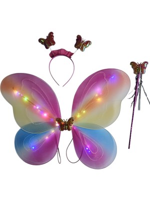 Beryka LED Işıklı Gökkuşağı Renk Kelebek Kanat Kostüm Seti – Taç ve Asa Dahil – Kız Çocuk Peri & Doğum Günü Kostümü