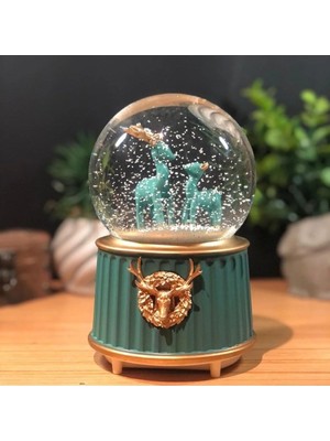İlkyaz Fashion Pilli Işıklı Müzikli Kar Küresi–iki Geyikli Yeşil Figürlü Eğlenceli Masaüstü Biblo, Le