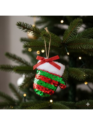 Dodomar 9 x 10 cm – Yılbaşı Ağaç Süsü Pullu Payetli Eldiven Askılı Dekoratif Süs