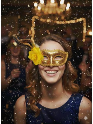 Dodomar Uzun Tüylü Pullu Çiçekli Gold Altın Yılbaşı Kutlama Lüks Maske Gözlüğü